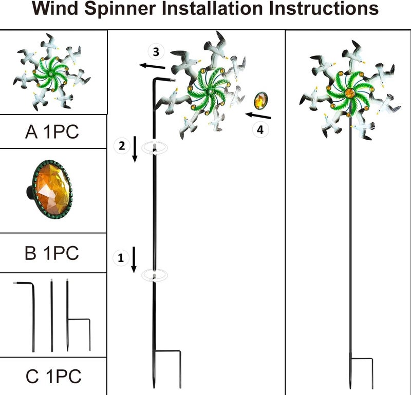 Senflame Seagull Wind Spinners - 39" Ocean-Themed Metal Wind Sculptures Garden Stake Art, 13.5” Windmill Yard Kinetic, Outdoor Decor for Patio & Lawn - Metal Beach Sculpture with Seagull Design - Image 3